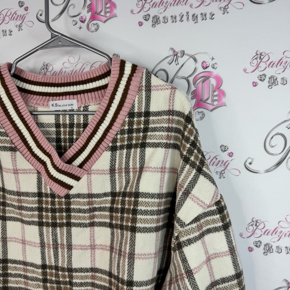 K.s be your style sweater stripes Plaid V-Neck Sweater - Cream and Pink knit - Picture 4 of 8